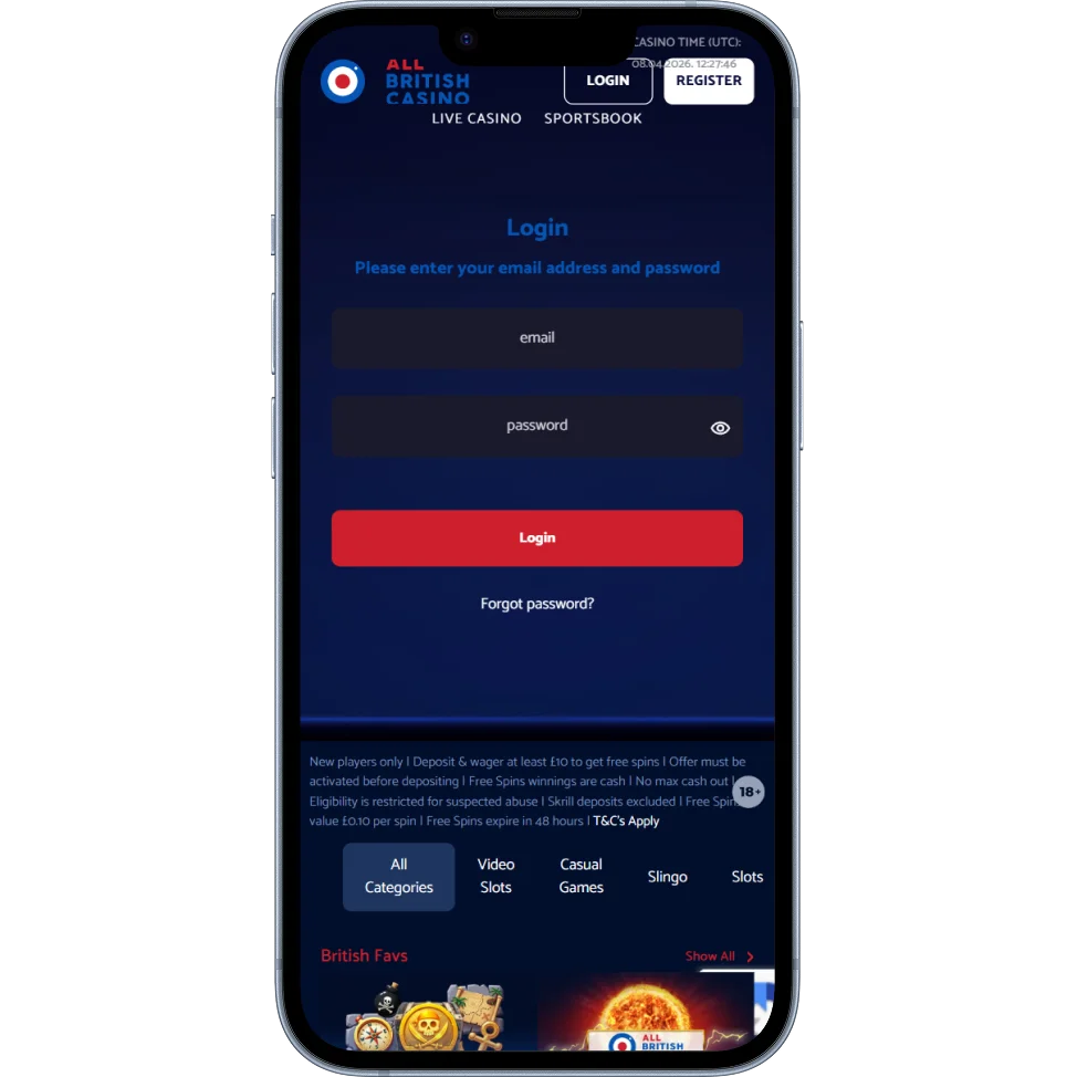 All British Casino login from mobile app
